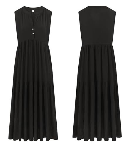 R.Vivimos Womens Summer Cotton Button V Neck Maxi Dress - color: Black, size: Medium