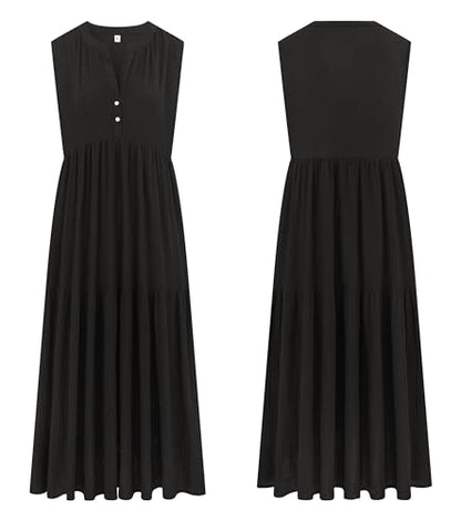 R.Vivimos Womens Summer Cotton Button V Neck Maxi Dress - color: Black, size: Medium