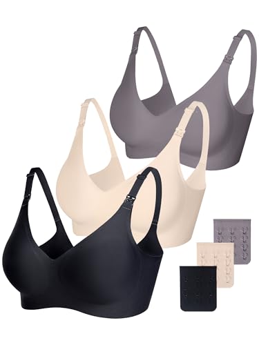 Vinfact Smooth Nursing Bras for Breastfeeding Seamless Maternity Bras for Pregnancy Wireless Bralette with Extra Bra Extender - color: 3pcs(black+beige+grey), size: X-Large