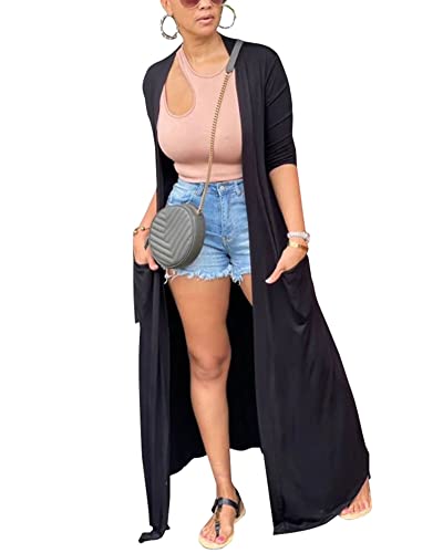 Adogirl Women's Lightweight Open Front Maxi Drape Cardigan With Pockets - color: Black, size: Small