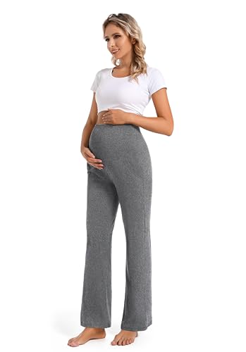Foucome Women's Maternity Pants Wide Leg Pregnancy Work Pants - color: 2 Pack Black+melange Grey, size: Medium