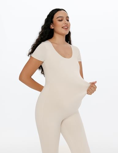 POSHDIVAH Maternity Jumpsuit Romper Leggings Short Sleeve - color: Beige, size: Large