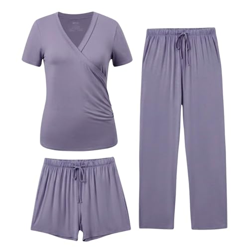 PATPAT 3-Piece Maternity Nursing Pajamas, Womens Lounge Set with Pockets - color: Mauve, size: X-Large