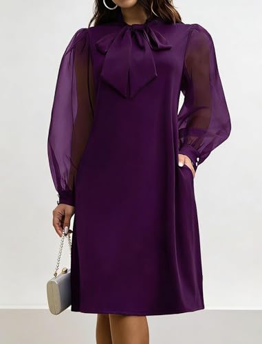 Ekaliy Women Bow Collar Shift A-Line Knee-Length Dress Church Cocktail Work - color: Purple, size: Medium
