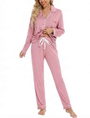 Leikar Button Up Pajamas For Women Long Sleeve Viscose Soft Pjs Lounge - color: Bean Paste, size: Large