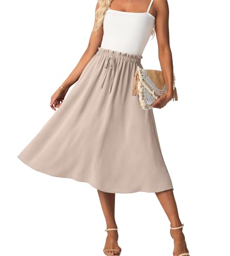 FREEOAK High Waist Skirts for Women Below Knee Casual Flowy Summer Midi Skirts Palazzo A-Line Long Skirt with Pockets - color: A - Apricot, size: XX-Large