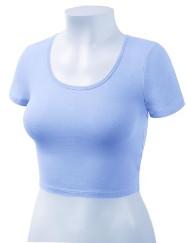 Women Cotton Scoop Neck Crop Tops Short Sleeve Basic Casual Shirts - color: 939-spring Blue, size: Small
