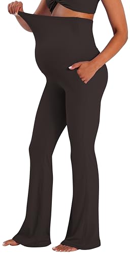 Sunzel Maternity Flare Leggings with Pockets Over The Belly, Buttery Soft Pregnancy Wide Leg Yoga Pants - color: Seal Brown, size: Medium
