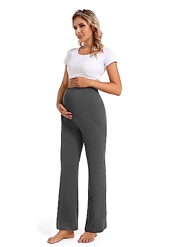 Foucome Women's Maternity Pants Wide Leg Pregnancy Work Pants - color: 2 Pack Black+grey, size: Small