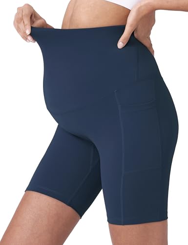 POSHDIVAH Maternity Biker Shorts Over the Belly with Pockets 5"/8" - color: Navy Blue, size: Medium