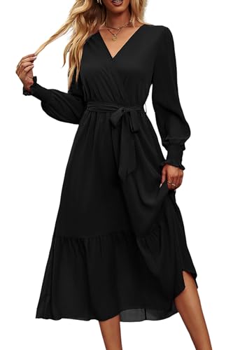 PRETTYGARDEN Womens Long Sleeve Boho Maxi Fall Floral Wedding Guest Dresses - color: Solid Black, size: Medium