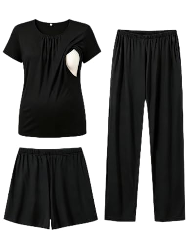 SWOMOG Women 3Pcs Maternity Pajama Set Nursing Pjs Pregnancy Set Breastfeeding Pjs Double Layer with Pockets - color: Black, size: Large