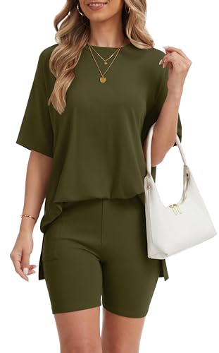RUBZOOF Women 2 Piece Lounge Sets Summer Outfits Shorts Set - color: Army Green, size: Medium
