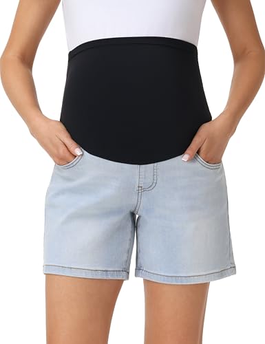 Foucome Women's Maternity Jean Shorts Over the Belly - color: Light Blue, size: Medium