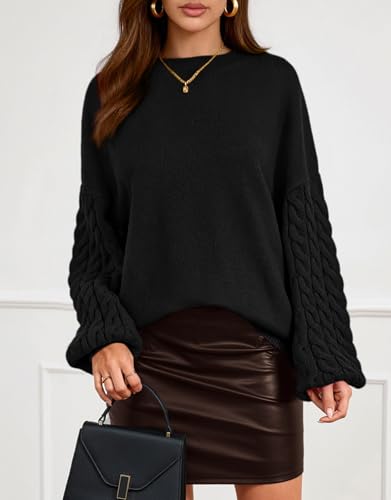 PRETTYGARDEN Womens Fall Sweaters 2025 Cable Knit Long Sleeve Crewneck Casual Chunky Pullover Oversized Sweater Outfits - color: Black, size: Small