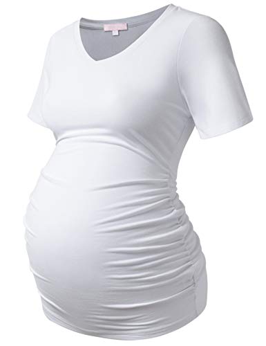 Bhome Maternity Shirt Short Sleeve Pregnancy Tshirt Side Ruched Tee Top - color: White Vneck, size: Medium