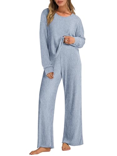 ANRABESS Women 2 Piece Lounge Pajamas Sets Casual Fall Outfits - color: Blue, size: Small