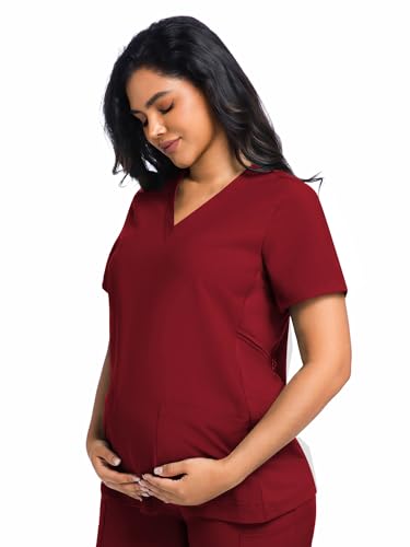 COZYFIT Maternity Scrub Top, V-Neck Pregnancy Shirt with 2 Pockets - color: Burgundy, size: X-Small