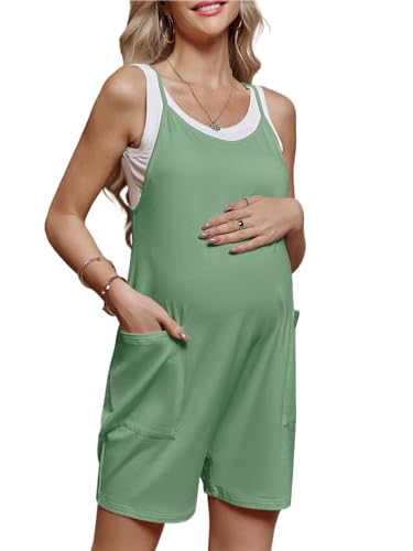FMEYOA Maternity Romper Sleeveless Overall Shorts Jumpsuit with Pockets - color: Sage Green, size: Small