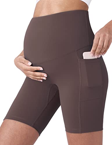 POSHDIVAH Maternity Biker Shorts Over the Belly with Pockets 5"/8" - color: Dark Brown, size: X-Large