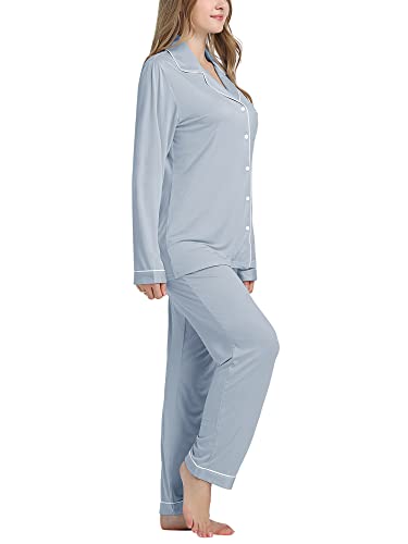 Cherrydew Women's Bamboo Viscose Cooling Long Sleeve Button Up Pajama Set - color: Dusty Blue, size: Small