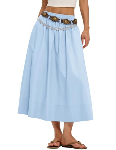 LOMON Midi Skirts for Women with Pockets A-Line Cotton Flowy Elastic Waist - color: Sky Blue, size: Small