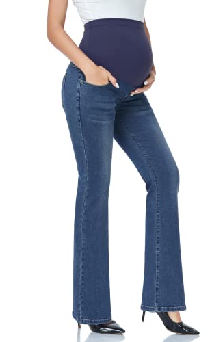 GLAMIX Women's Stretch Maternity Bootcut Jeans with Pockets Over The Belly Bell Bottoms Flare Denim Pants Pregnancy Clothes - color: Navy Blue, size: X-Large