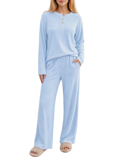 Ekouaer Womens Pajama sets Long Sleeve Cozy 2 Piece Matching Lounge Set - color: Baby Blue, size: Large