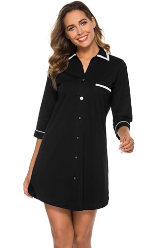 COLORFULLEAF Women 100% Cotton Nightgown 3/4 Sleeve Shirt Comfy Sleepwear - color: A1-black-button Up, size: Small