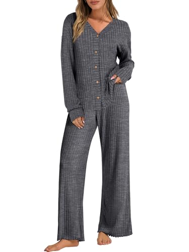 ANRABESS Womens Lounge Set 2 Piece Pajama Sets Ribbed Knit Matching Set - color: Deep Grey, size: Small