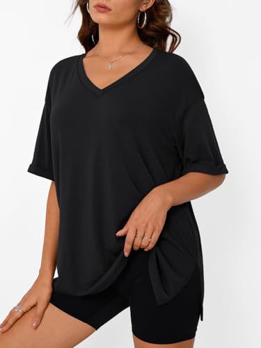 Trendy Queen Plus Size Oversized V Neck Tshirt Tops Workout Wear - color: Black, size: 3X-Large