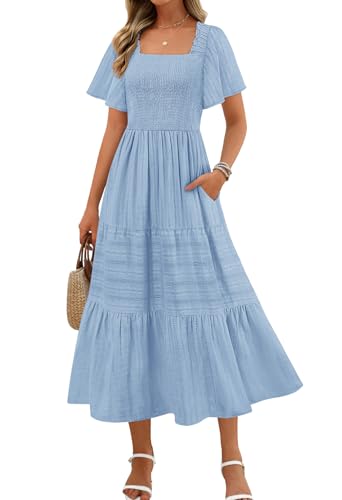 MEROKEETY Womens Summer Midi Dress Short Sleeve Square Neck Boho Long Dress - color: Blue, size: Large
