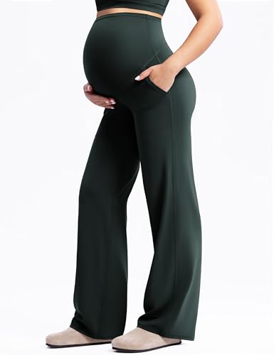 POSHDIVAH Creamluxe Maternity Wide Leg Pants Pregnancy Work Trousers - color: Pine Green, size: Medium