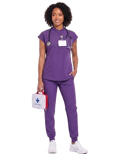 VECARDI Womens Scrub Top Zip Front Dolman Sleeves with Pockets - color: Dark Purple, size: Medium