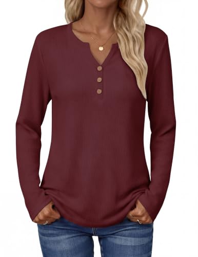 Zeagoo Women's Long Sleeve Waffle Knit Tops 2026 Fall Henley V Neck Shirts - color: Dark Red, size: Small