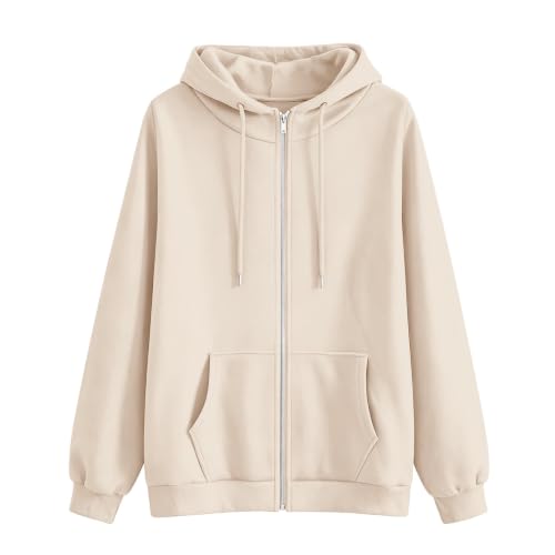 Womens Zip Up Hoodies Casual Oversized Sweatshirt Lightweight Jacket - color: Beige, size: Medium
