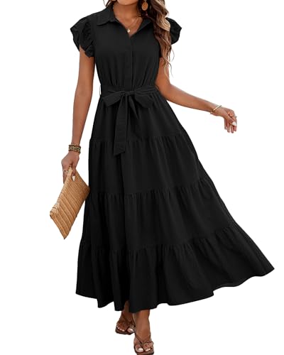 dowerme Women Ruffle Sleeve Button Belted Boho Maxi Dress - color: Black, size: Large