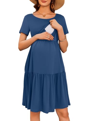 Maternity Dress Summer Short Sleeve Casual Nursing Dresses Breastfeeding - color: Grey Blue, size: Medium