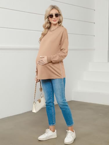 Women's Maternity Shirts Long Sleeve Sweatshirt Zipper Split Side Pregnancy Casual Tunic Top - color: Khaki, size: Medium