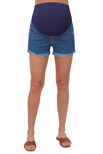 OUGES Womens Summer Maternity Denim Casual Pregnancy Shorts with Pockets - color: Medium Blue, size: XX-Large