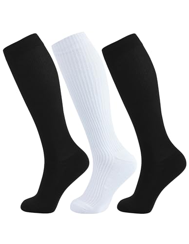 +MD 3 Pairs Bamboo Viscose Compression Socks for Women Men 15-20mmHg Knee High Support Stockings for Pregnancy Nurse Travel - color: Black/White, size: X-Large