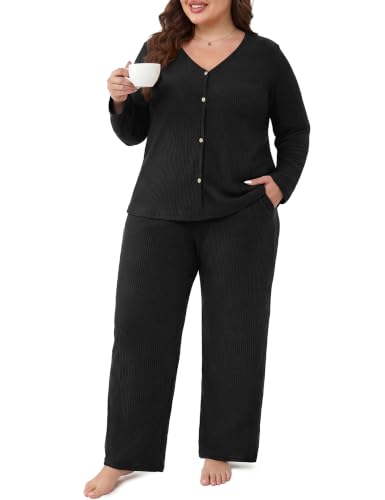 Plus Size Pajama Set for Women Long Sleeve Loose Fit Loungewear - color: Black, size: 4X-Large Plus