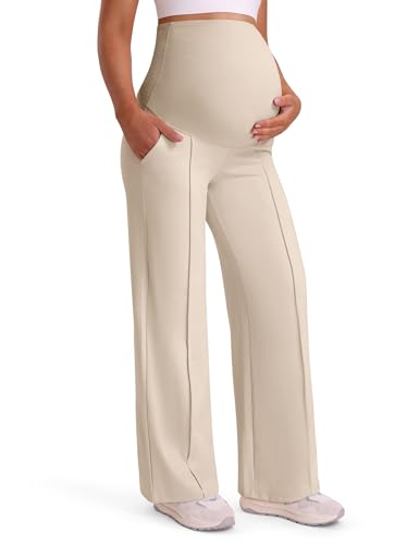 Mama Land Maternity Work Dress Pants, Stretchy Wide Leg with Pockets - color: Light Khaki, size: Medium