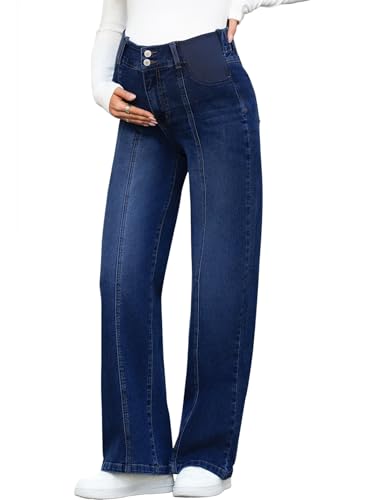 BLENCOT Women's Maternity Jeans High Waist Side Panel Wide Leg Denim Pants - color: Navy Blue, size: Medium
