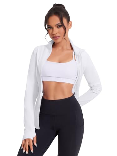 VUTRU Women Zip Up Athletic Jacket Slim Fit Workout Tops with Pocket - color: White, size: Medium