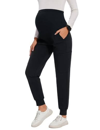 FABRACK Women's Maternity Scrub Jogger Pants Workwear Stretch Comfy Pregnancy Pants with 6 Pockets(Black, XX-Large)