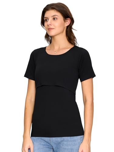 3 Pack Women's Nursing Tops, Breastfeeding Shirts Short Sleeve - color: Black/Light Grey/Light Brown, size: Small