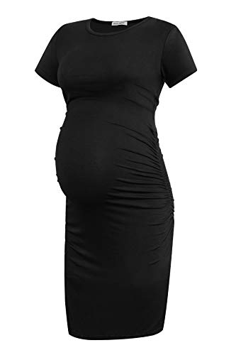 Smallshow Women's Short Sleeve Maternity Dress Ruched Pregnancy Clothes - color: Black, size: Small
