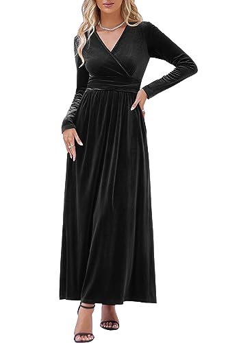 OUGES Women's Warp Pockets Maxi Fall Winter Cocktail Formal Dress 2026 - color: G-velvet Black, size: Small