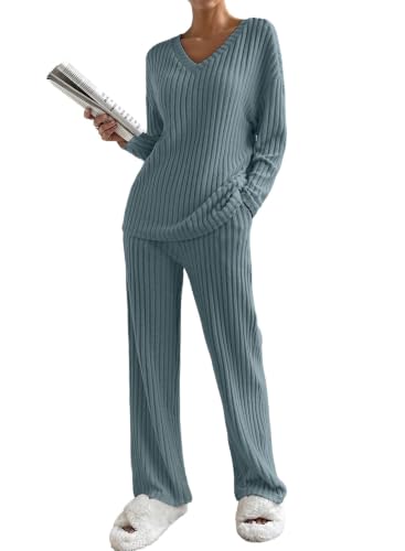 SHEWIN Women's Pajama Sets Ribbed Knit 2 Piece Lounge Sets - color: B Dusk Blue, size: Small